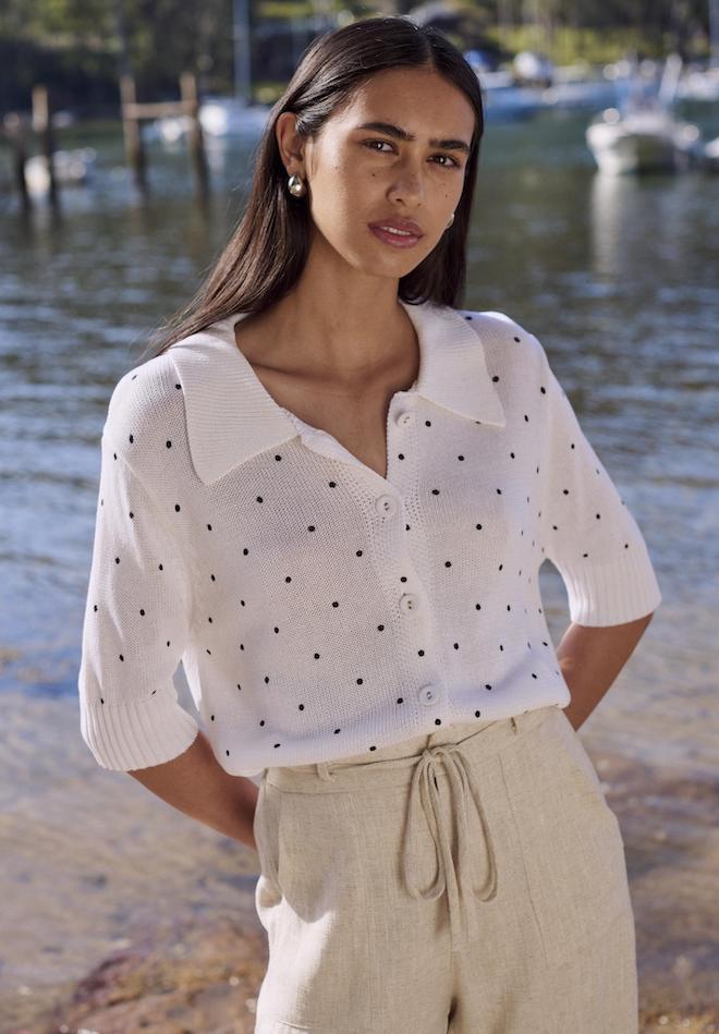 Polka Dot Button Top - White