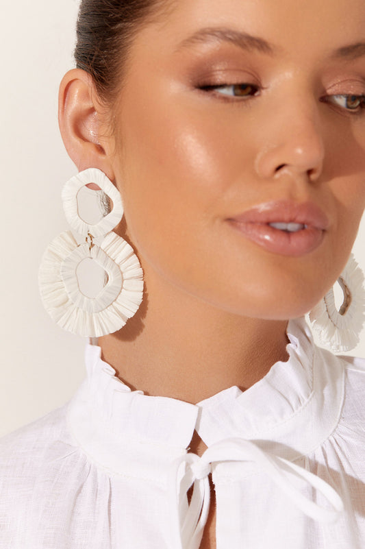 Fringed Raffia Event Earrings - White