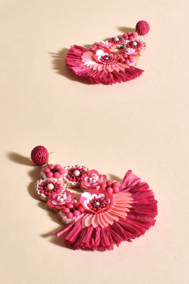 Sequin Fringe Statement Earrings - Pink