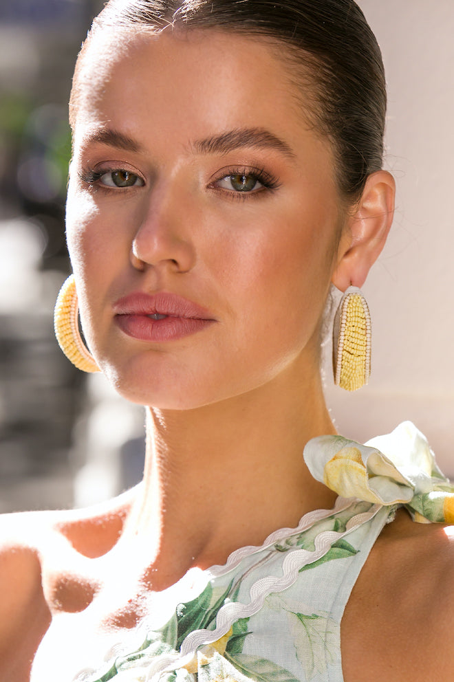 Edge Detail Beaded Hoops - Lemon