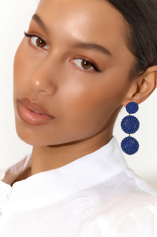 Beaded Trio Ball Drop Earrings - Navy