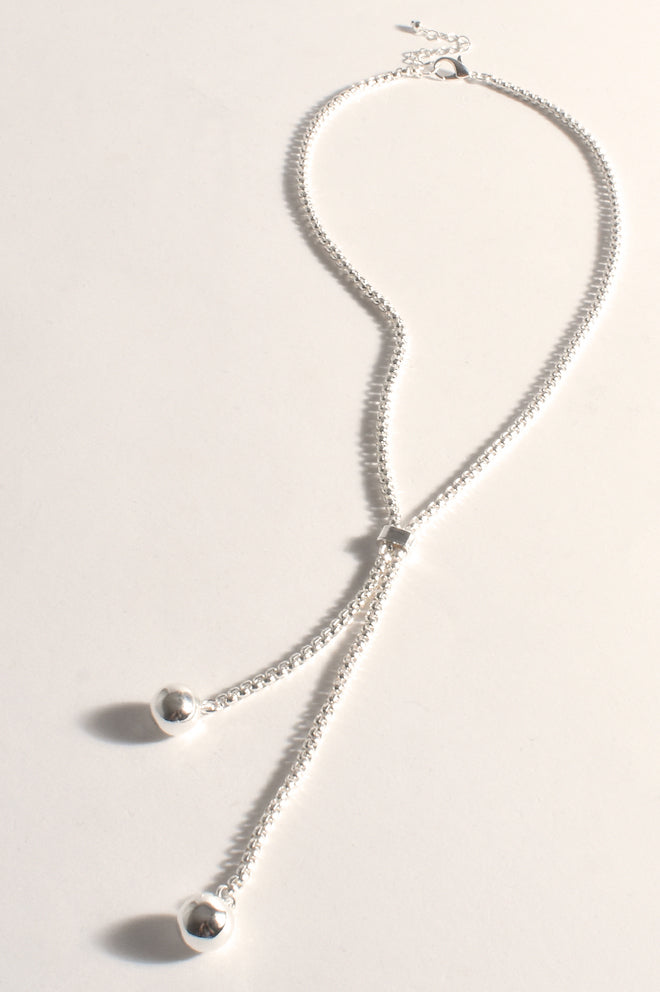 Metal Ball Y Drop Necklace - Silver