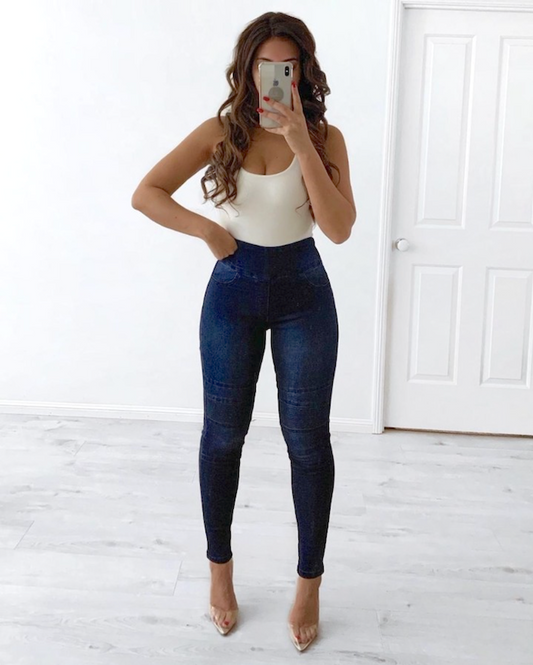Pull-on Jeans with Knee Detail - Dark Blue