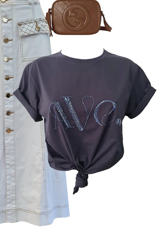 Hand Beaded Ave Tee - Navy