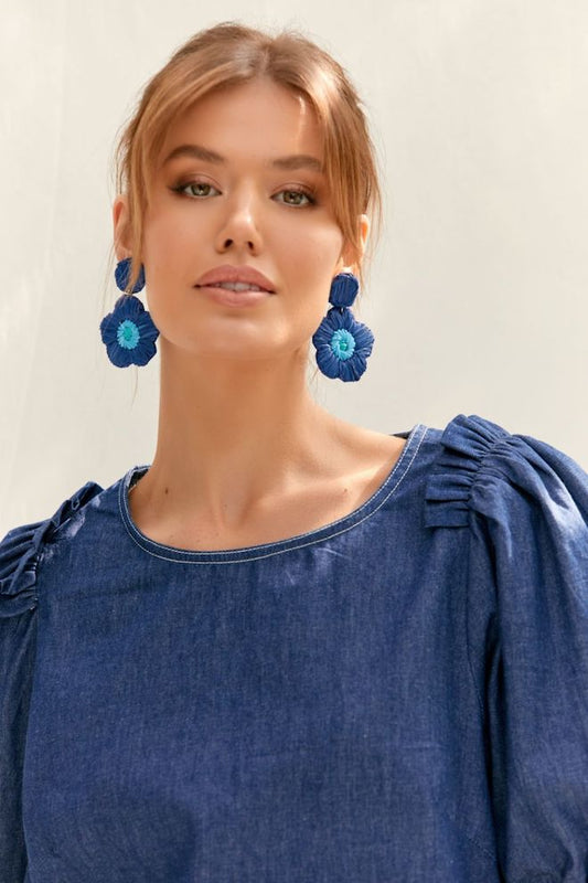 Stitched Flower Drop Earrings - Blue - Kat and Ko Clothing