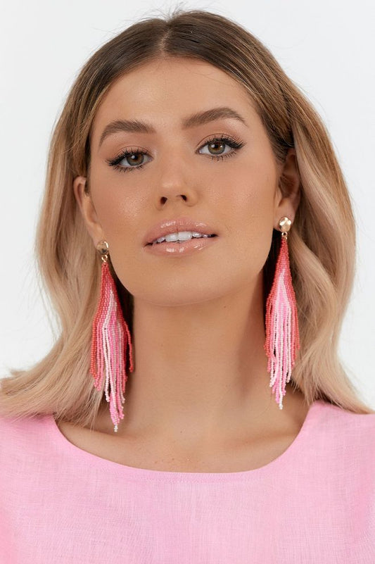 Beaded Tassel Button Top Earrings - Pink/Gold - Kat and Ko Clothing